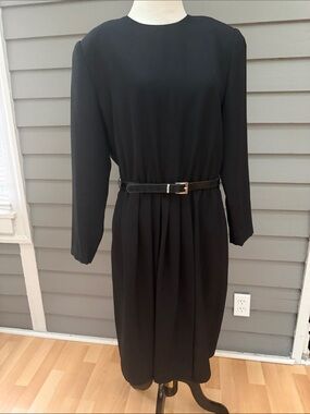 Vintage Henry-Lee Black Long-Sleeve Pleated Front Belted Dress 12